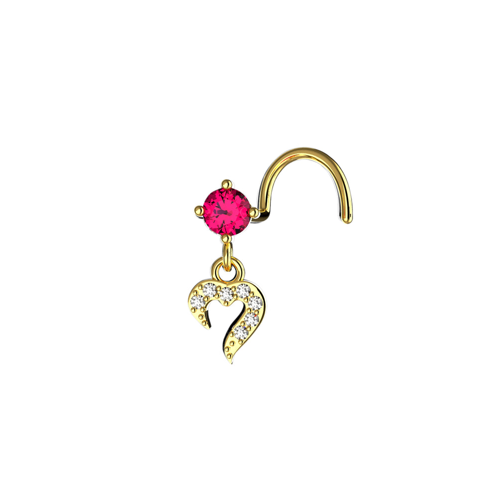 Gold nose ring pink heart charm