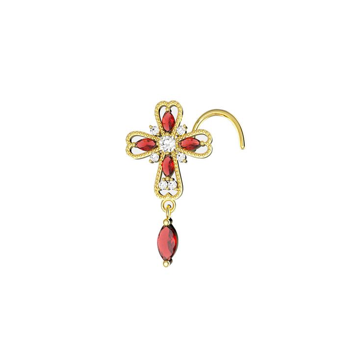Gold nose ring with cross and garnet