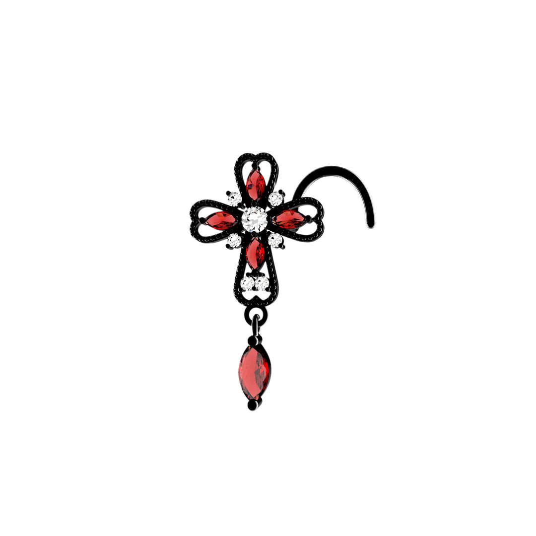 Dangle garnet nose piercing with cross design