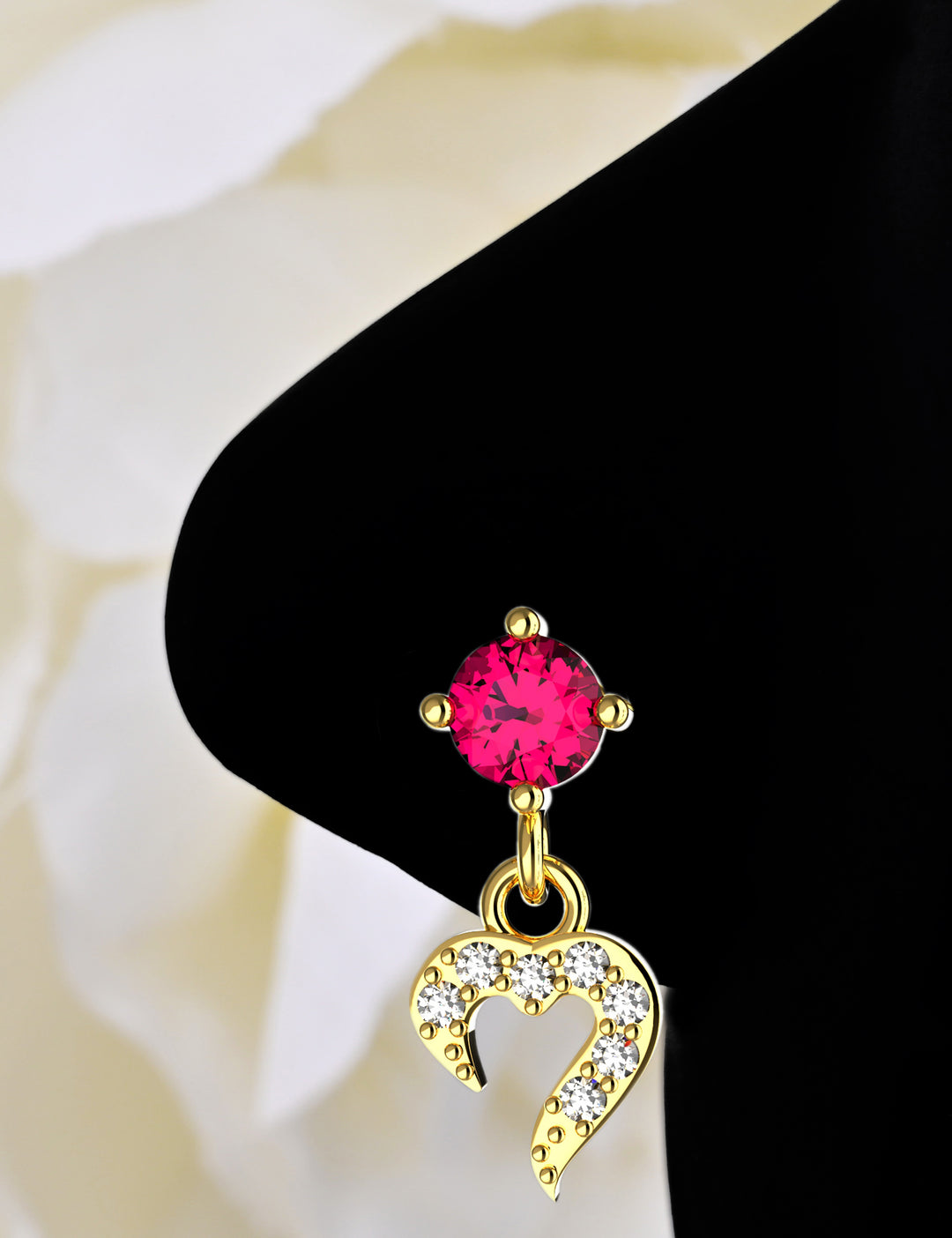 Heart dangle nose ring with pink stone