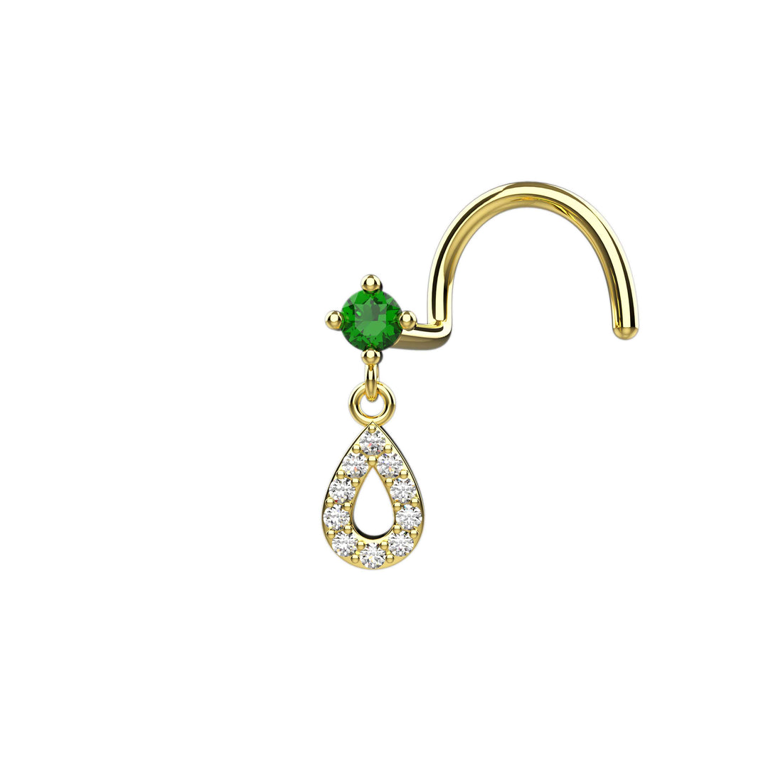 18G gold nose ring with emerald