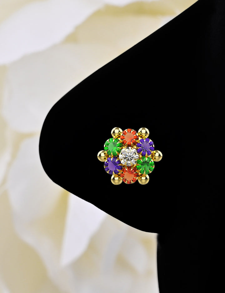 Elegant flower nose ring stud for a delicate nose piercing.