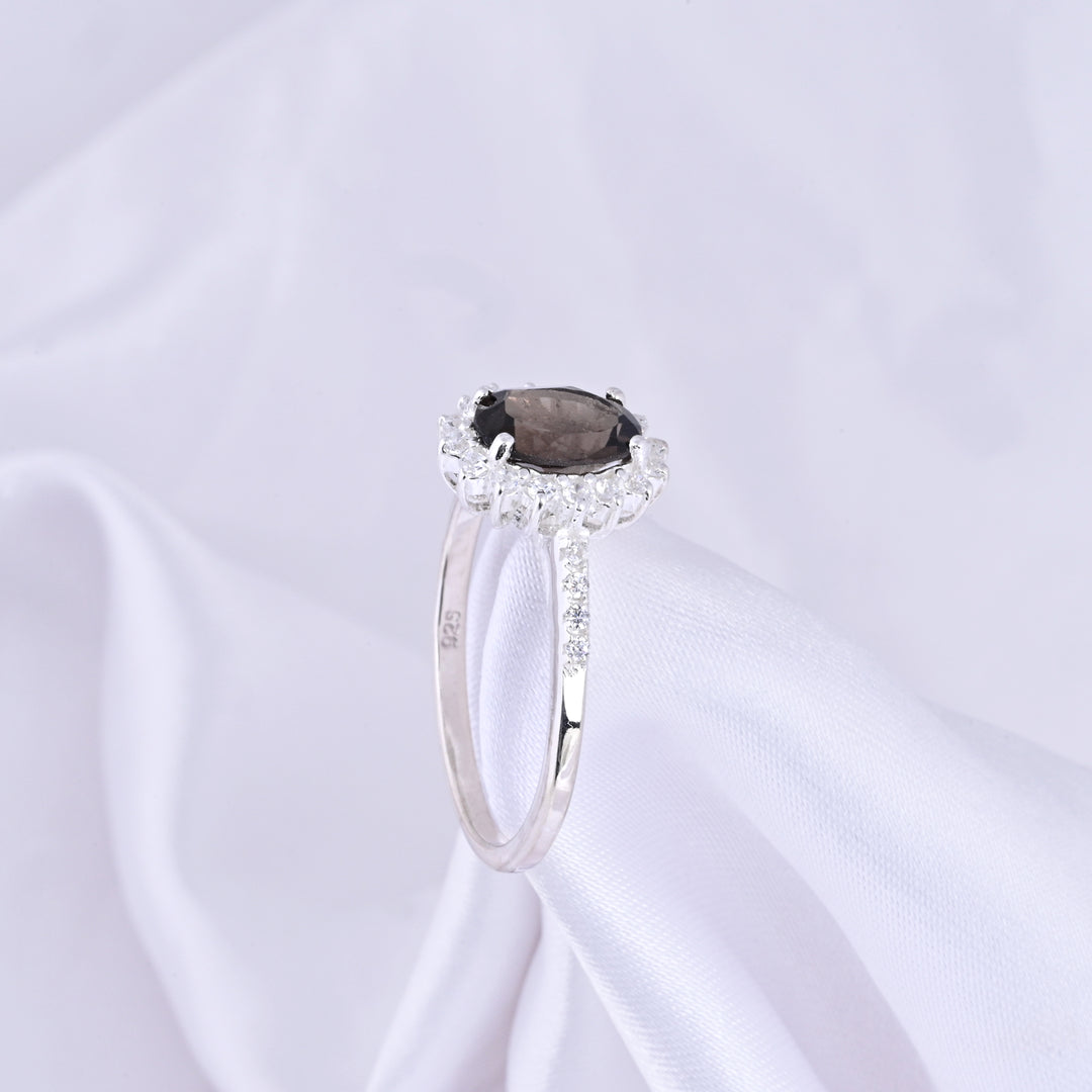 Smoky Quartz & Diamond Silver Ring Oval Cut Statement Ring