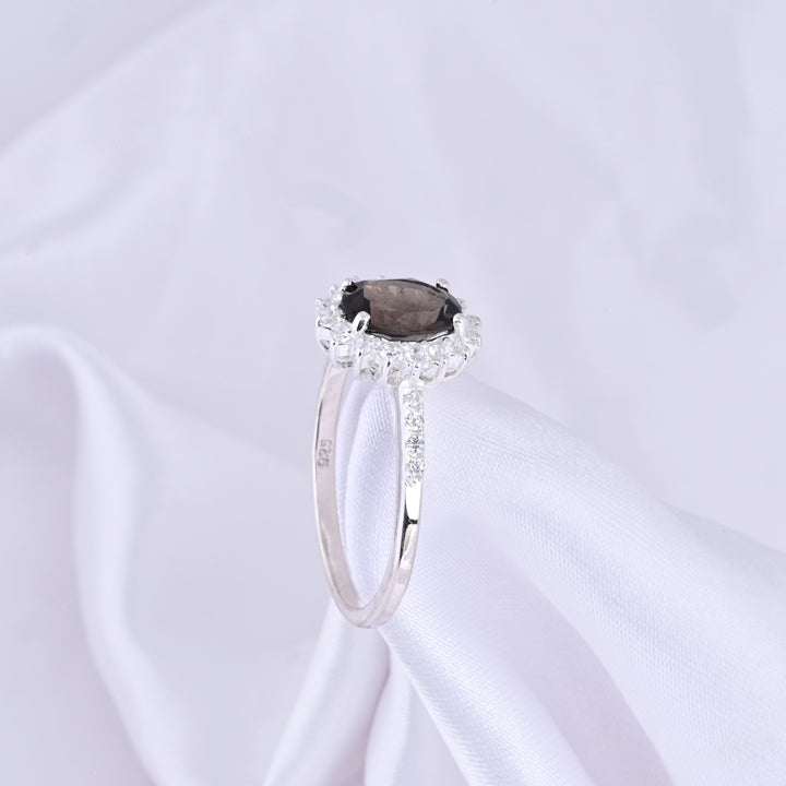 Smoky Quartz & Diamond Silver Ring Oval Cut Statement Ring