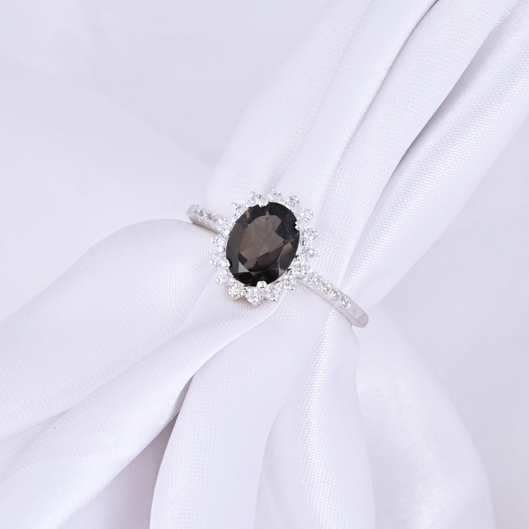 Smoky Quartz & Diamond Silver Ring Oval Cut Statement Ring