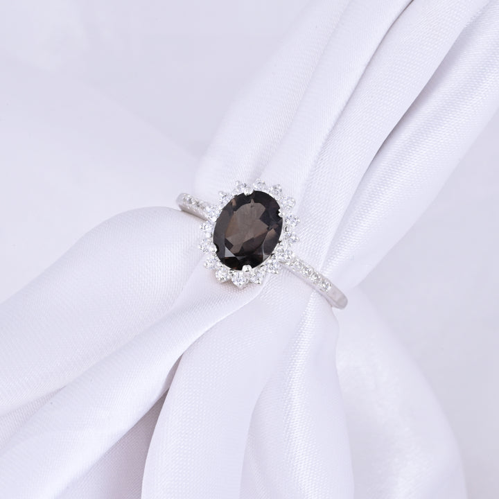Smoky Quartz & Diamond Silver Ring Oval Cut Statement Ring