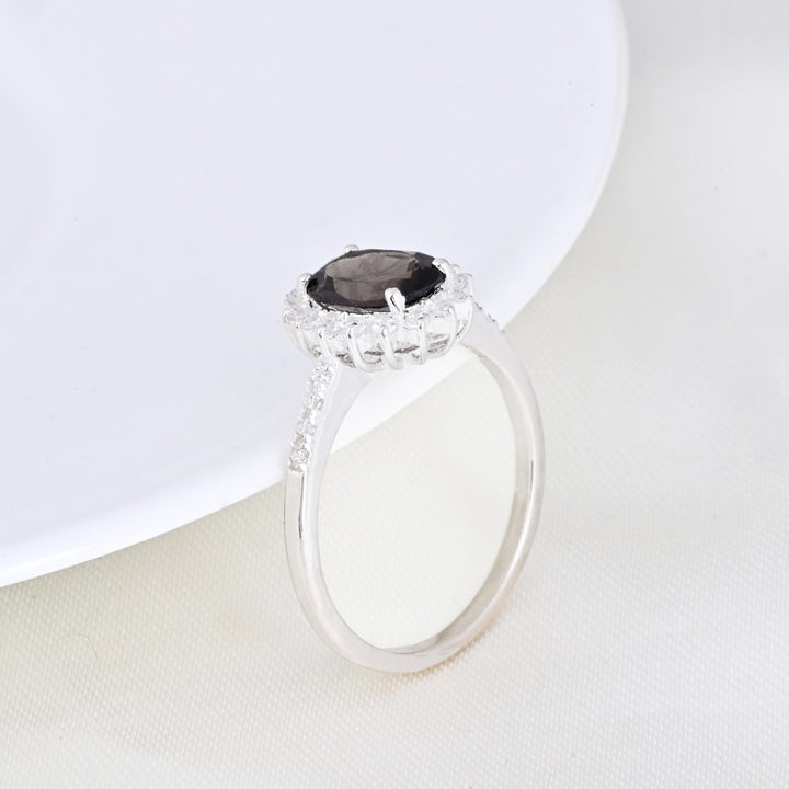 Smoky Quartz & Diamond Silver Ring Oval Cut Statement Ring
