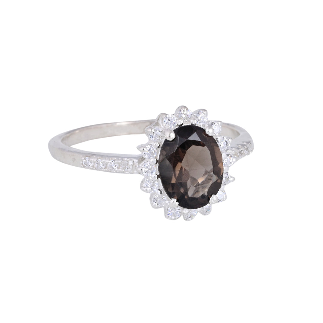 Smoky Quartz & Diamond Silver Ring Oval Cut Statement Ring