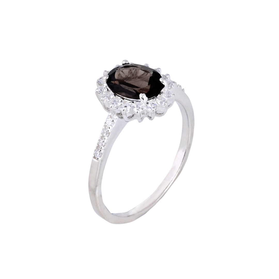 Smoky Quartz & Diamond Silver Ring Oval Cut Statement Ring