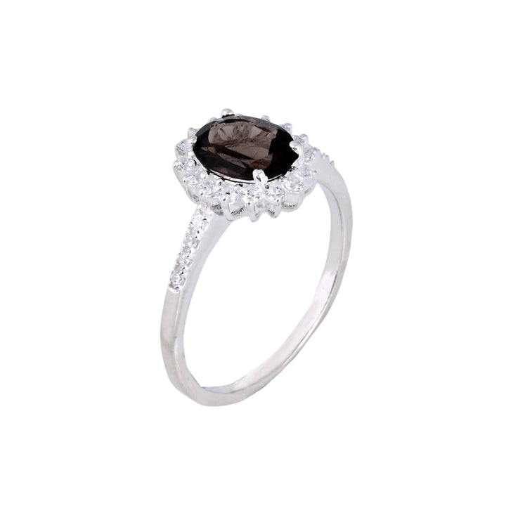 Smoky Quartz & Diamond Silver Ring Oval Cut Statement Ring
