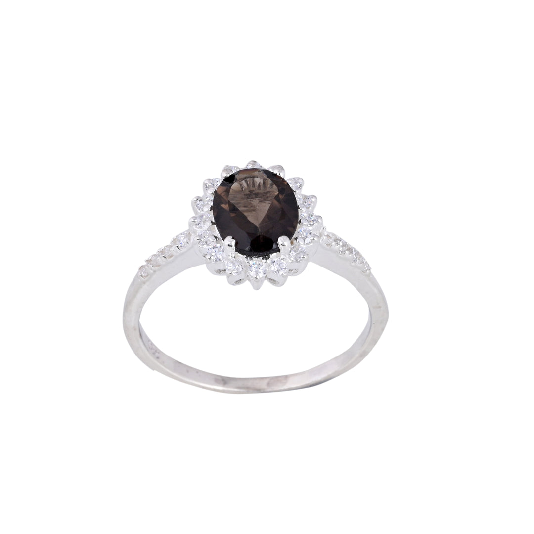 Smoky Quartz & Diamond Silver Ring Oval Cut Statement Ring