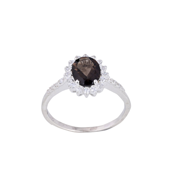 Smoky Quartz & Diamond Silver Ring Oval Cut Statement Ring