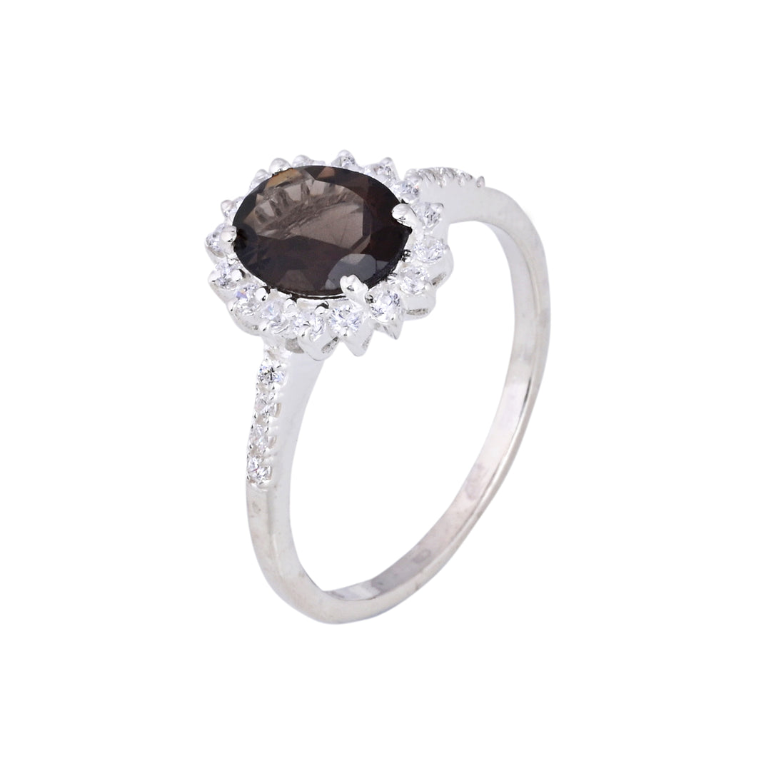 Smoky Quartz & Diamond Silver Ring Oval Cut Statement Ring