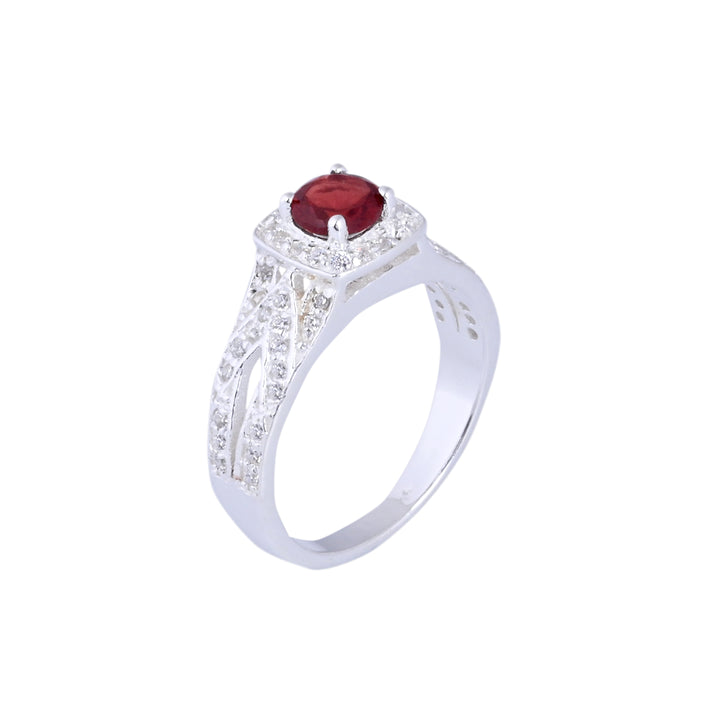 SILVER GARNET BIRTHSTONE AND DIAMOND ENGAGEMENT RING