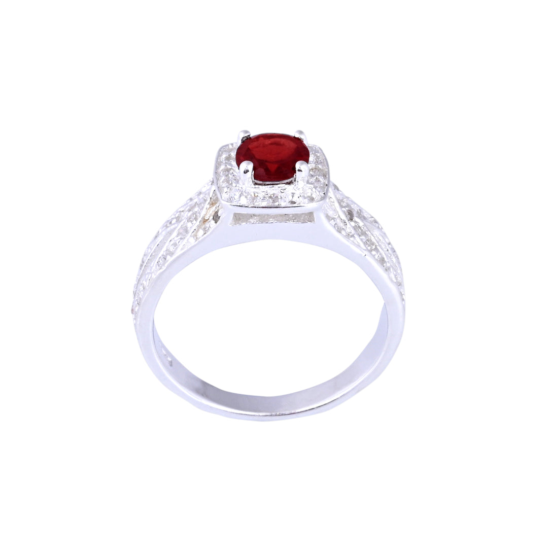 SILVER GARNET BIRTHSTONE AND DIAMOND ENGAGEMENT RING