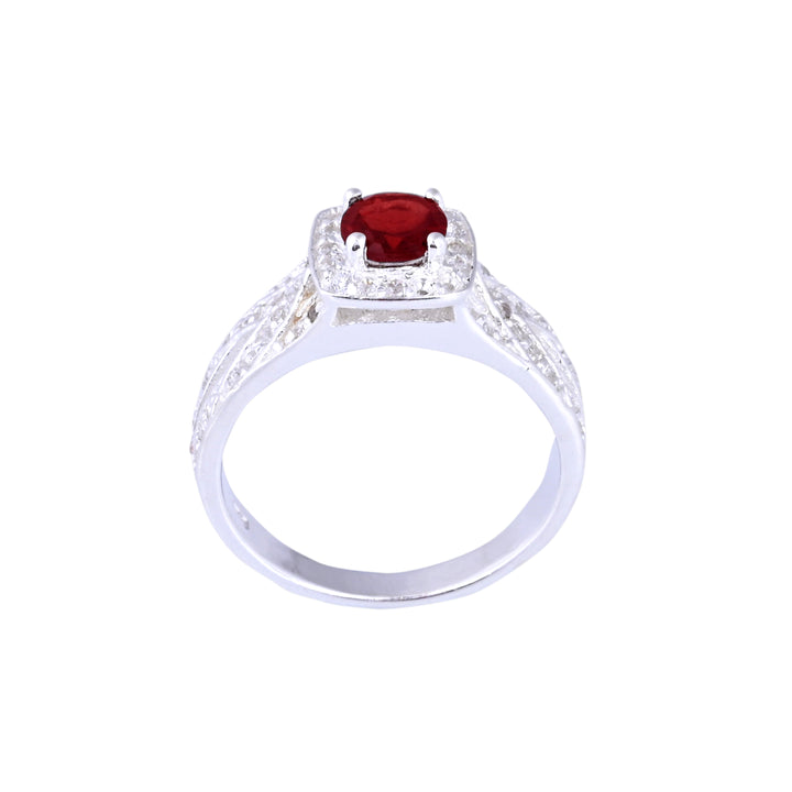 SILVER GARNET BIRTHSTONE AND DIAMOND ENGAGEMENT RING