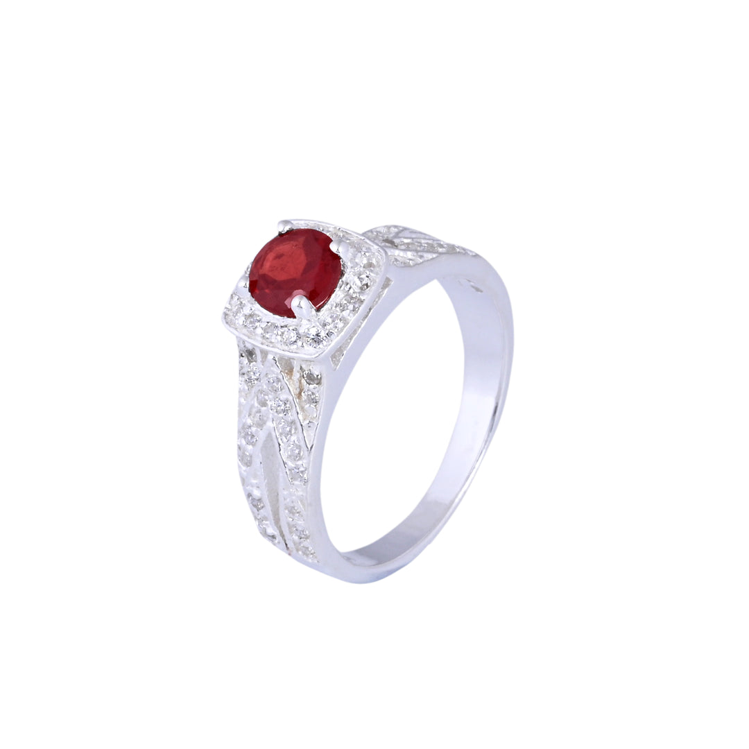 SILVER GARNET BIRTHSTONE AND DIAMOND ENGAGEMENT RING