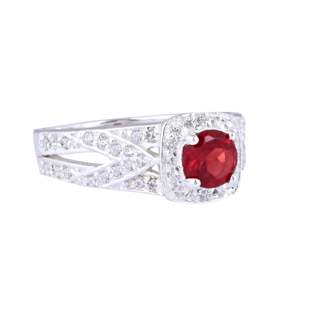 SILVER GARNET BIRTHSTONE AND DIAMOND ENGAGEMENT RING