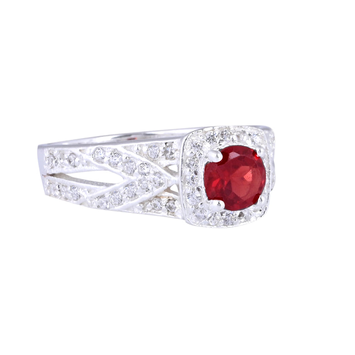 SILVER GARNET BIRTHSTONE AND DIAMOND ENGAGEMENT RING