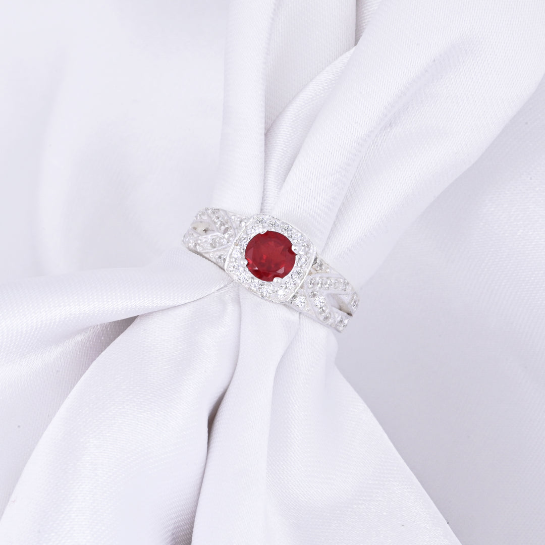 SILVER GARNET BIRTHSTONE AND DIAMOND ENGAGEMENT RING