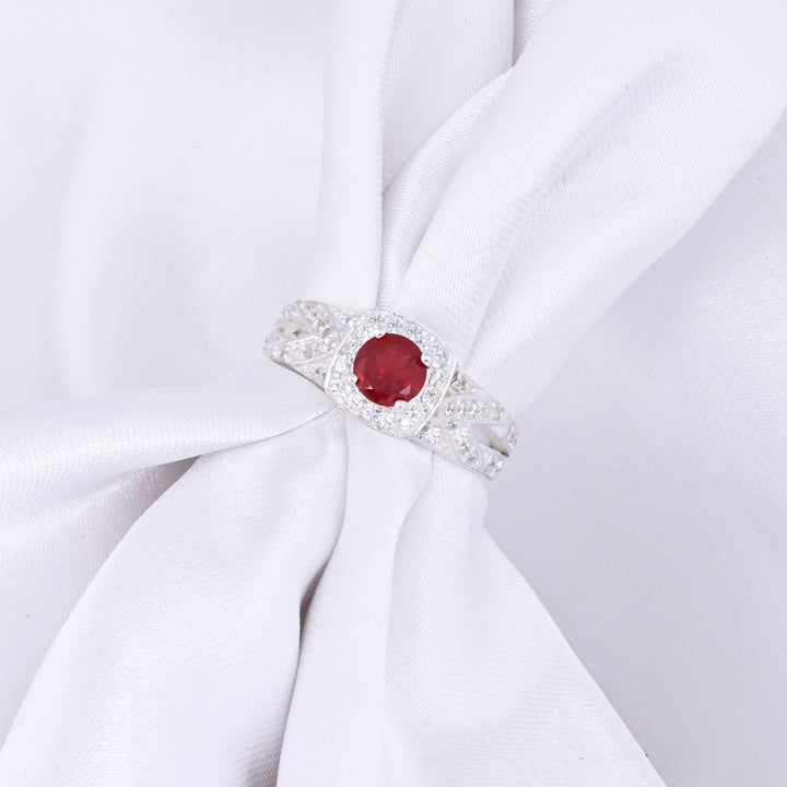 SILVER GARNET BIRTHSTONE AND DIAMOND ENGAGEMENT RING