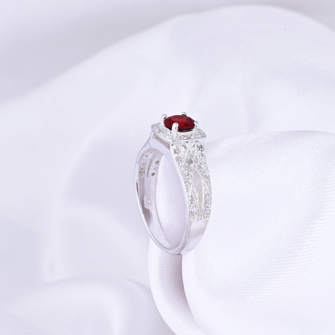 SILVER GARNET BIRTHSTONE AND DIAMOND ENGAGEMENT RING
