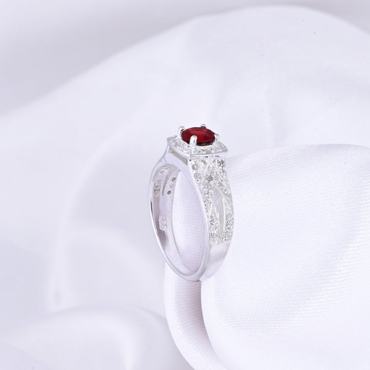 SILVER GARNET BIRTHSTONE AND DIAMOND ENGAGEMENT RING