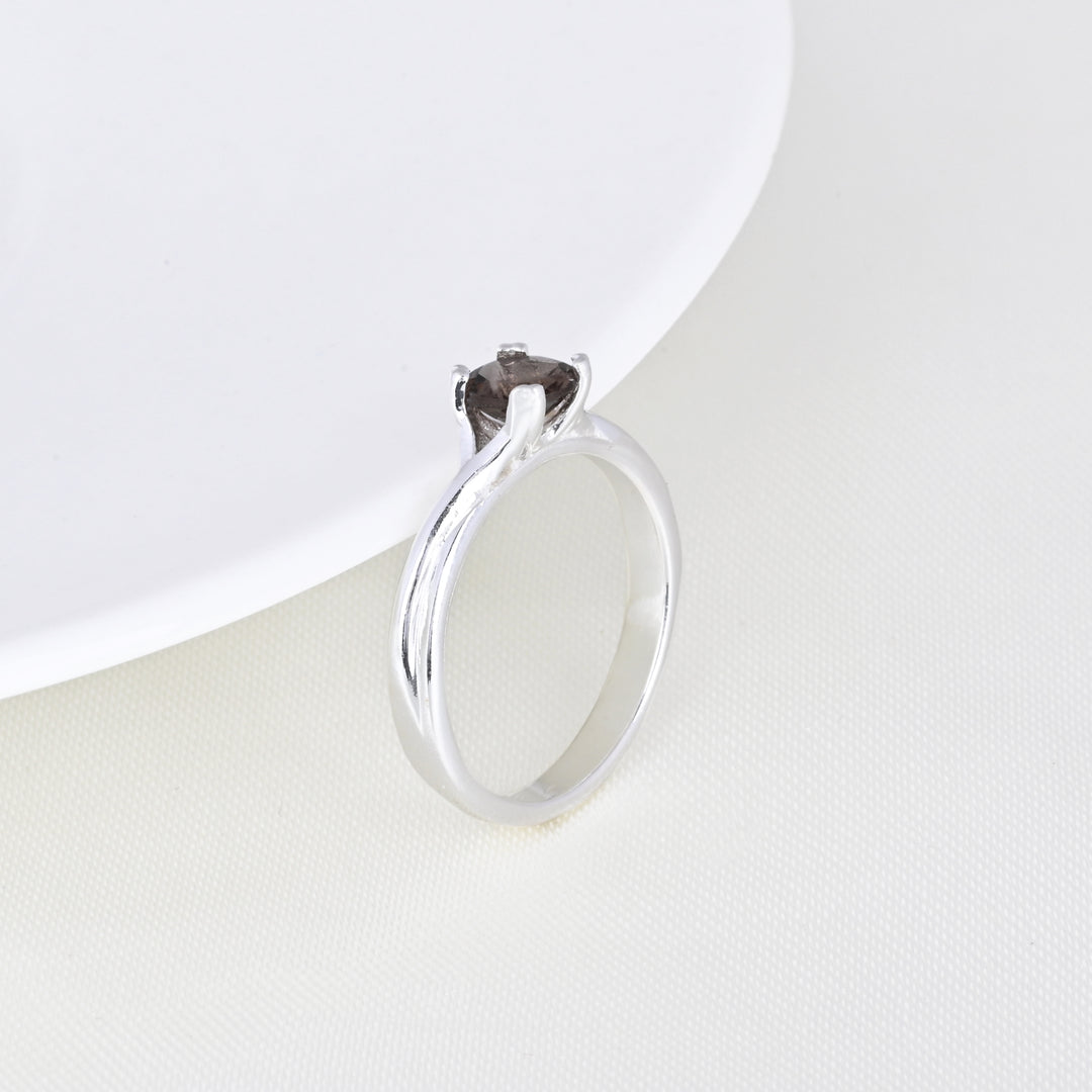 Solitaire Round Smoky Quartz Gemstone Sterling Silver Ring