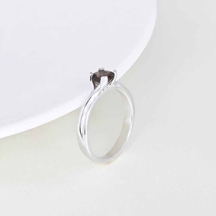 Solitaire Round Smoky Quartz Gemstone Sterling Silver Ring