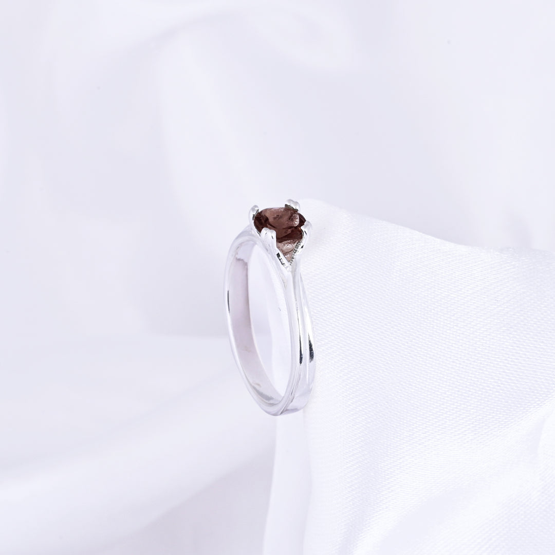 Solitaire Round Smoky Quartz Gemstone Sterling Silver Ring