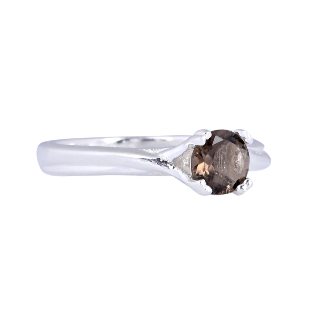 Solitaire Round Smoky Quartz Gemstone Sterling Silver Ring