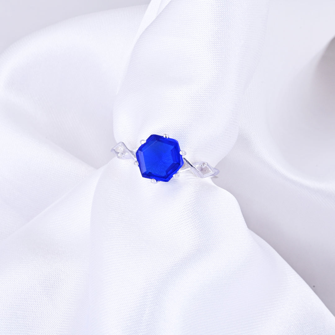 Australian Hexagon Solitaire Cornflower Sapphire Ring