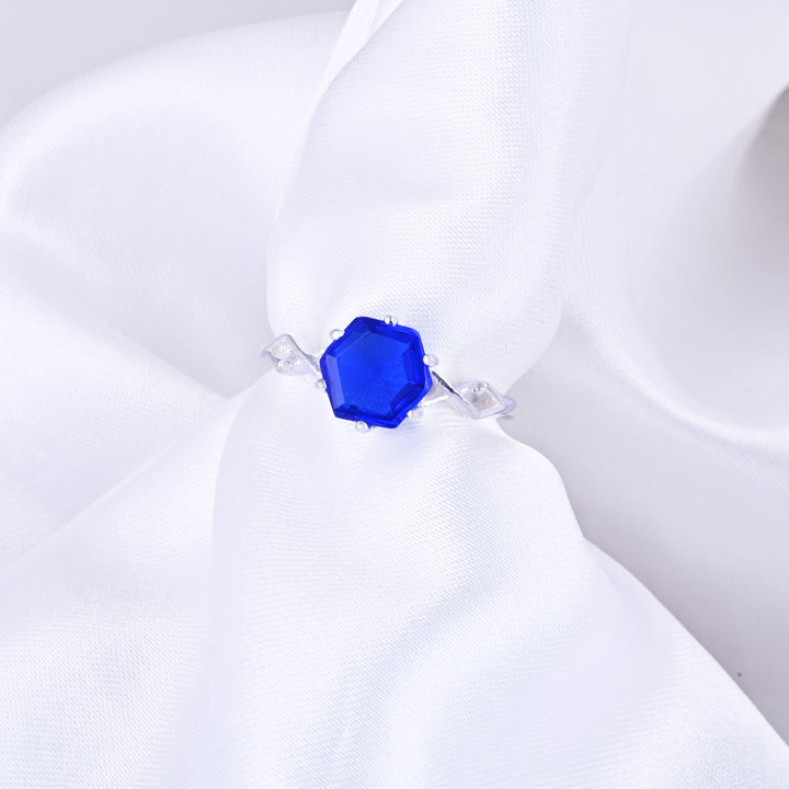 Australian Hexagon Solitaire Cornflower Sapphire Ring