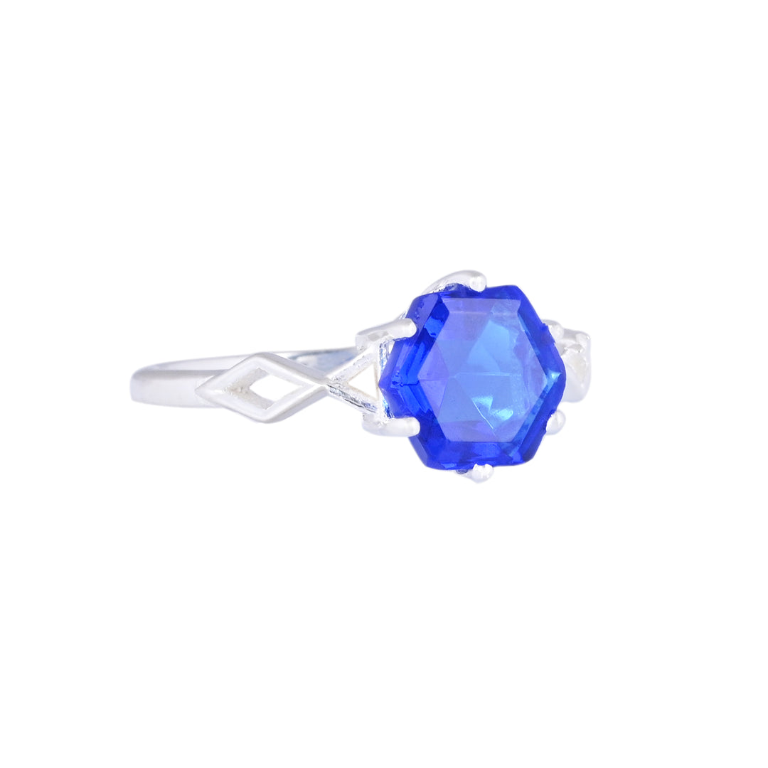 Australian Hexagon Solitaire Cornflower Sapphire Ring