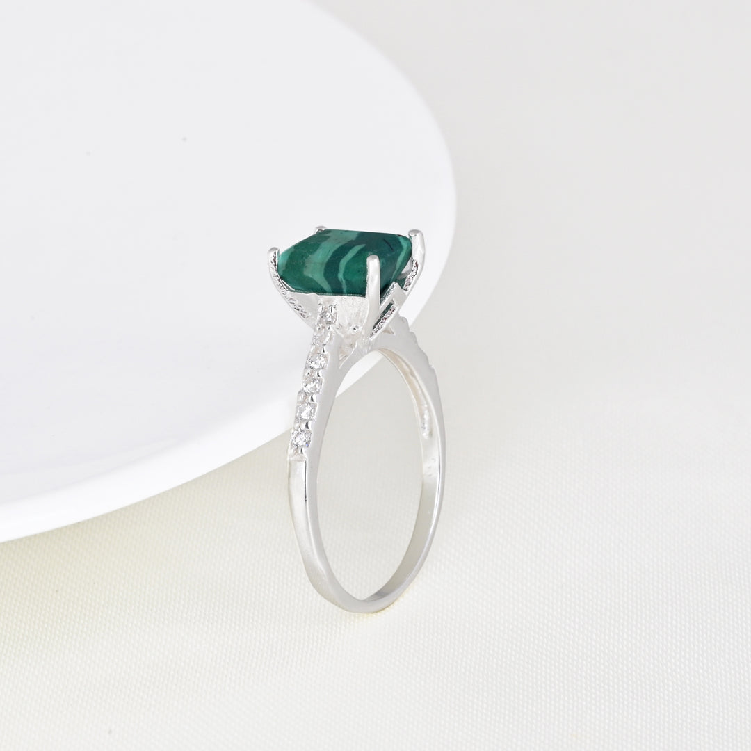 Malachite Bypass Ring 925 Silver Halo Engagement Ring