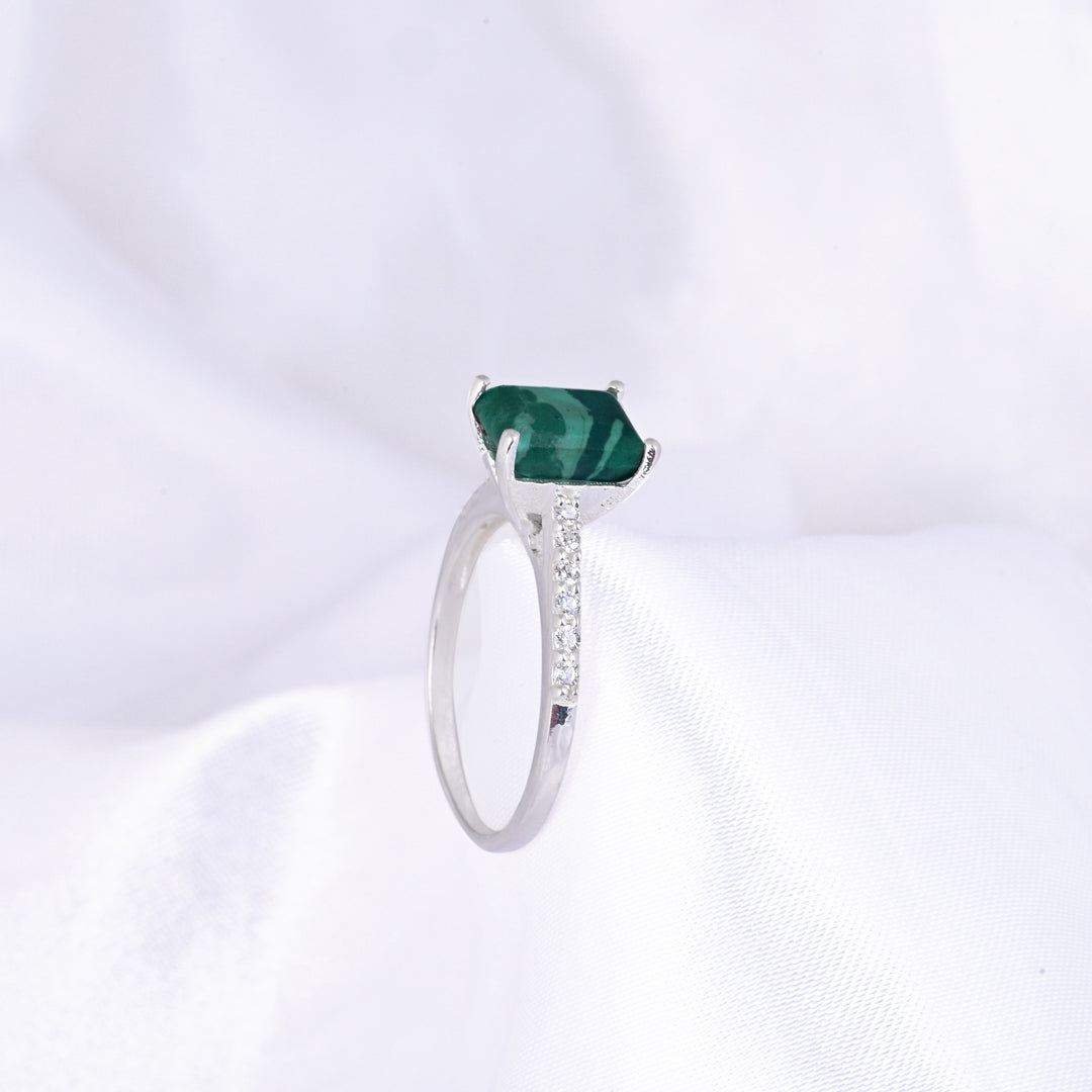 Malachite Bypass Ring 925 Silver Halo Engagement Ring