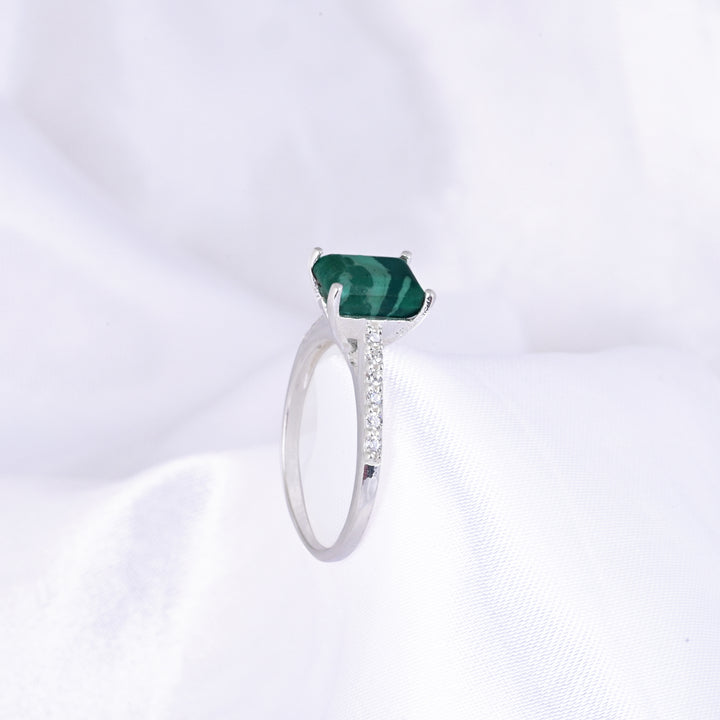 Malachite Bypass Ring 925 Silver Halo Engagement Ring