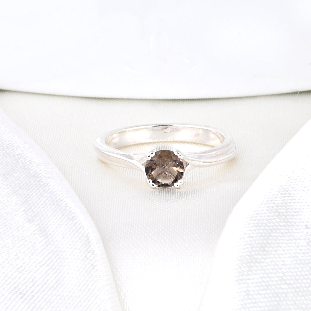 Solitaire Round Smoky Quartz Gemstone Sterling Silver Ring