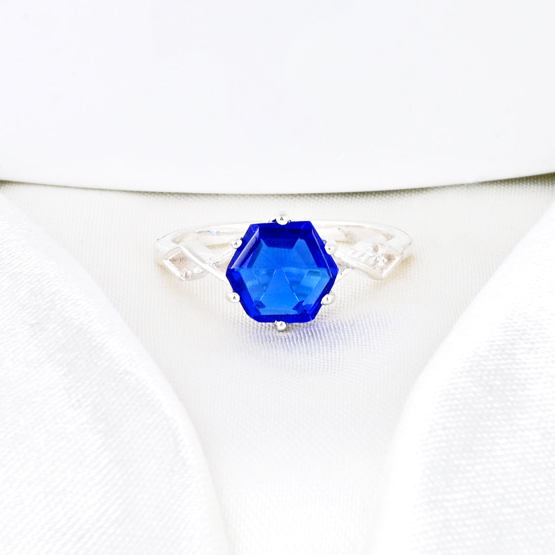 Australian Hexagon Solitaire Cornflower Sapphire Ring