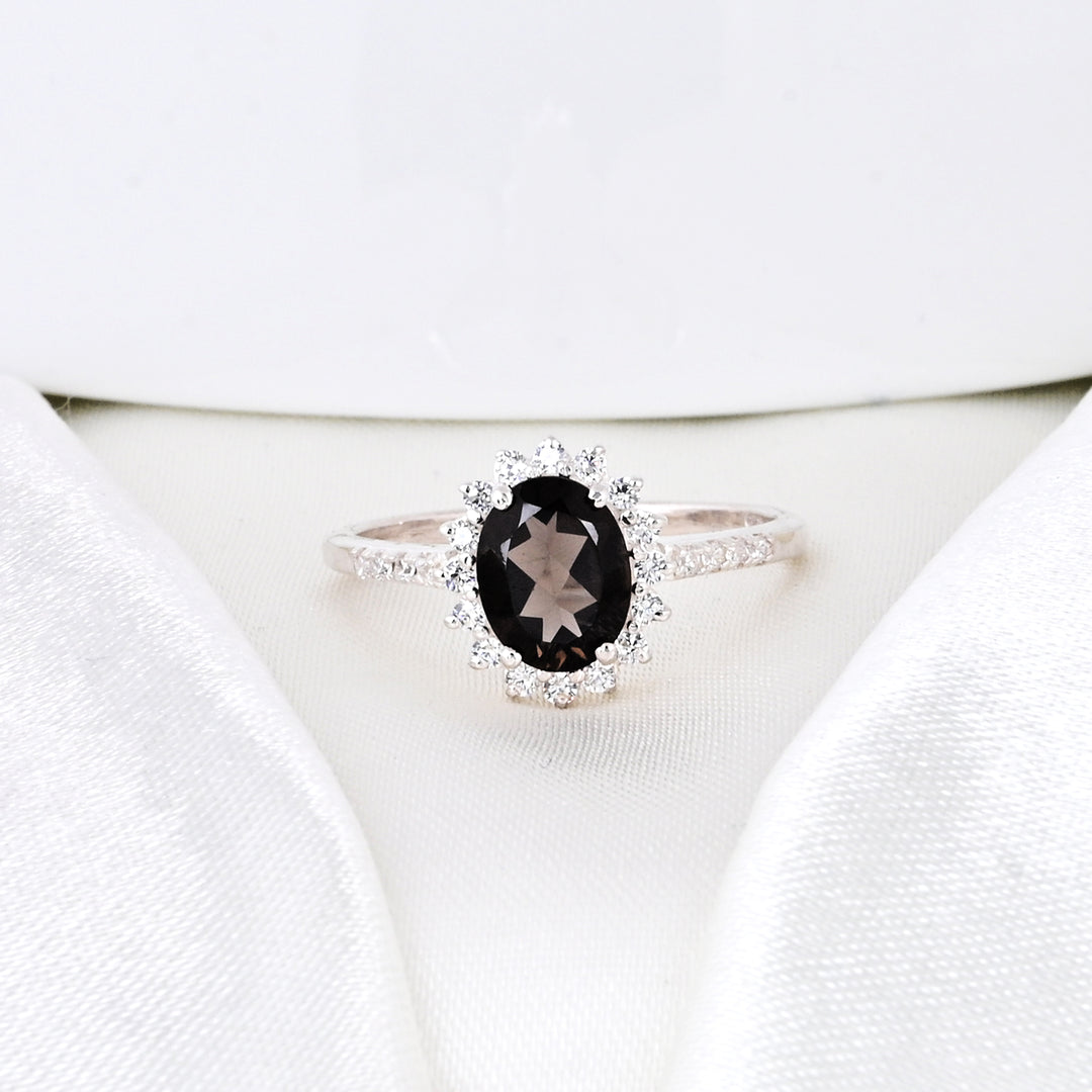 Smoky Quartz & Diamond Silver Ring Oval Cut Statement Ring