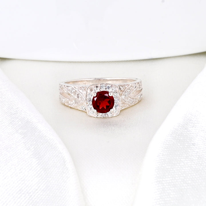 SILVER GARNET BIRTHSTONE AND DIAMOND ENGAGEMENT RING