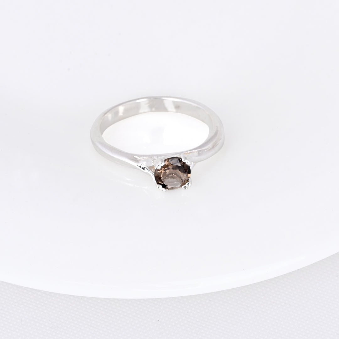 Solitaire Round Smoky Quartz Gemstone Sterling Silver Ring