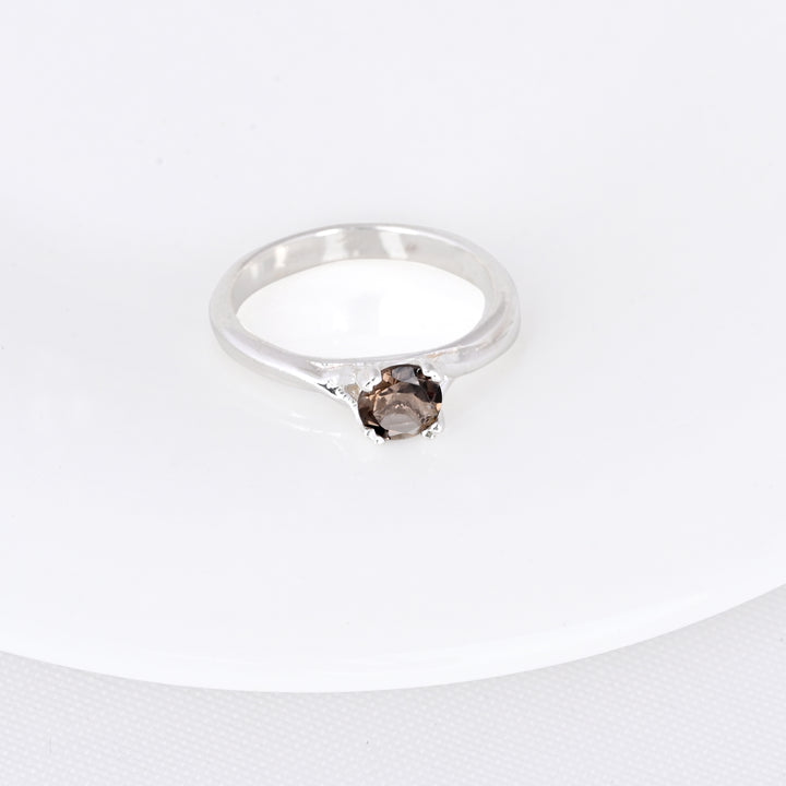 Solitaire Round Smoky Quartz Gemstone Sterling Silver Ring