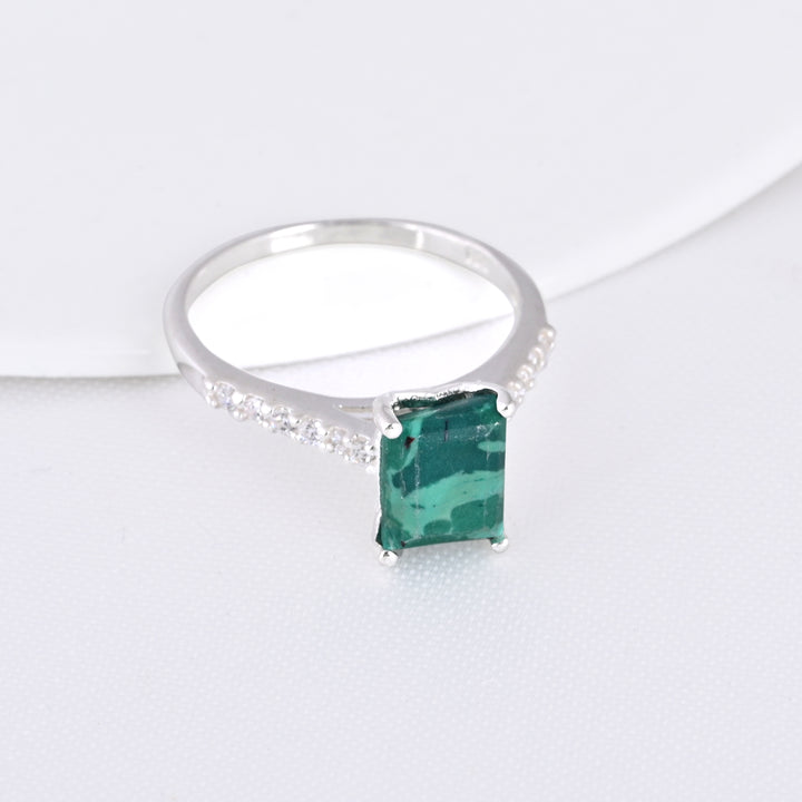 Malachite Bypass Ring 925 Silver Halo Engagement Ring