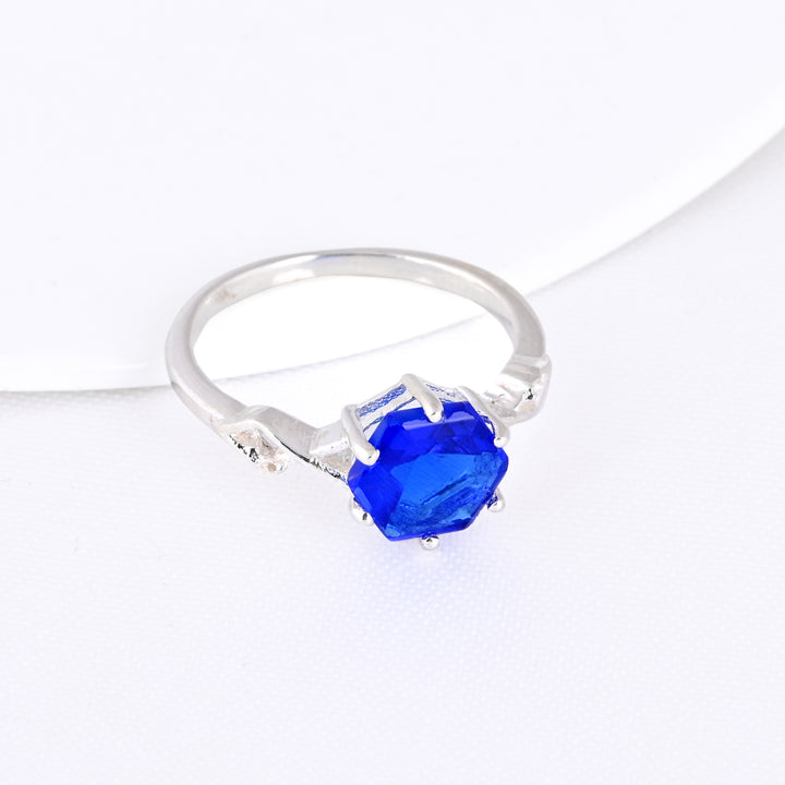 Australian Hexagon Solitaire Cornflower Sapphire Ring