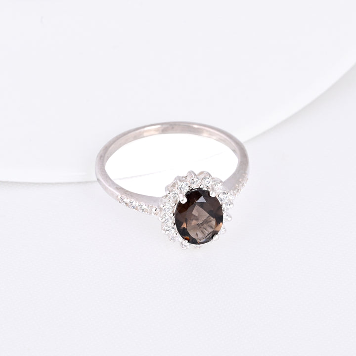 Smoky Quartz & Diamond Silver Ring Oval Cut Statement Ring