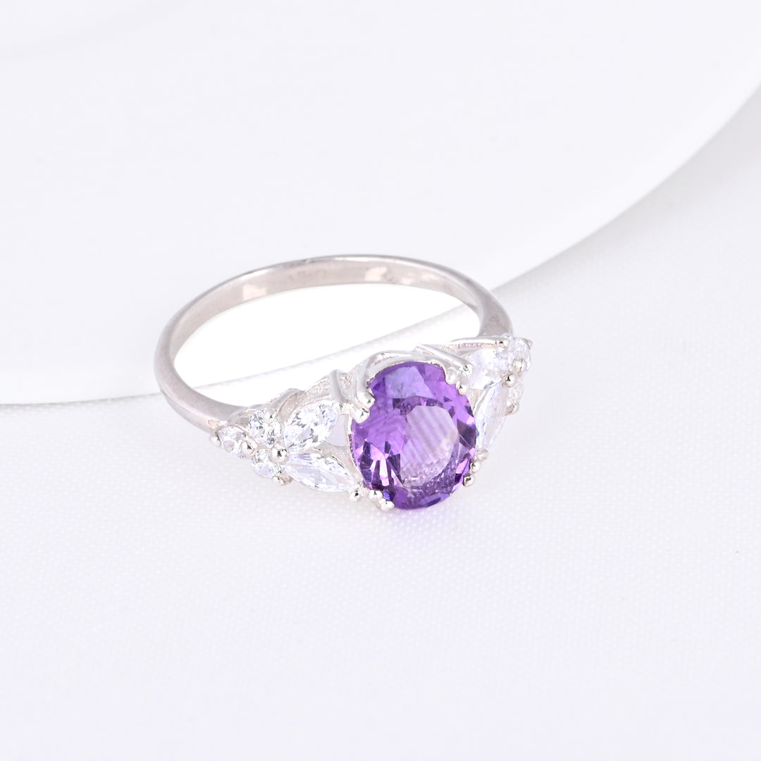 Oval Shape Amethyst and CZ Halo Engagement Ring