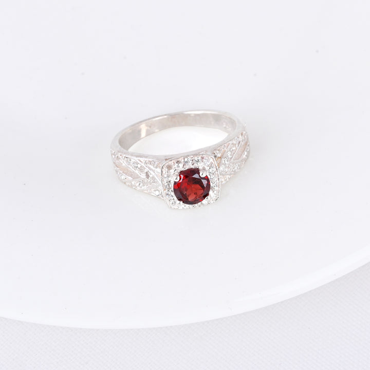 SILVER GARNET BIRTHSTONE AND DIAMOND ENGAGEMENT RING