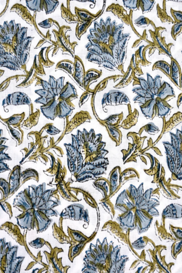 Blue Floral Block Print Fabric on White Base