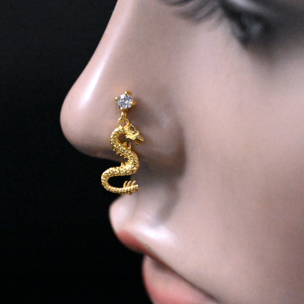 Gold Dragonfly Nose Ring with Snake Dangle – Unique Piercing Jewelry